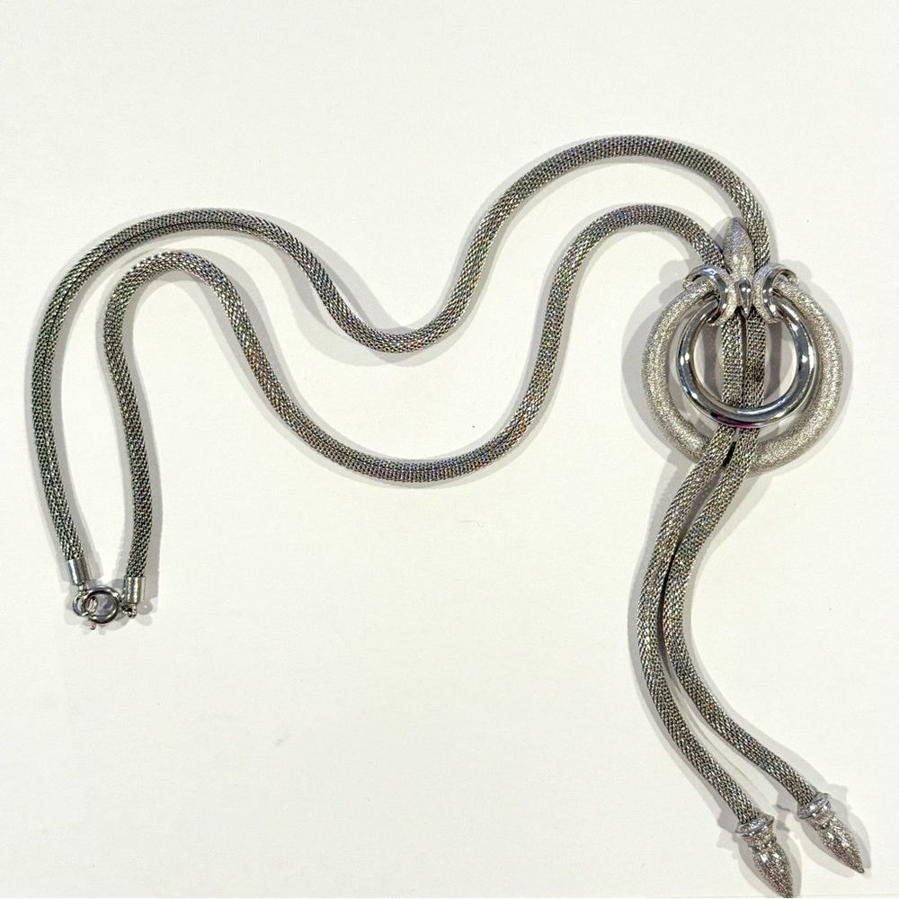 Vintage Crown Trifari Lariat Mesh Necklace Silver Tone Statement Circle Dangle